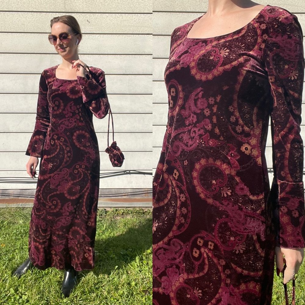 Vintage Paisley Velour Maxi Dress with Matching Purse | D13